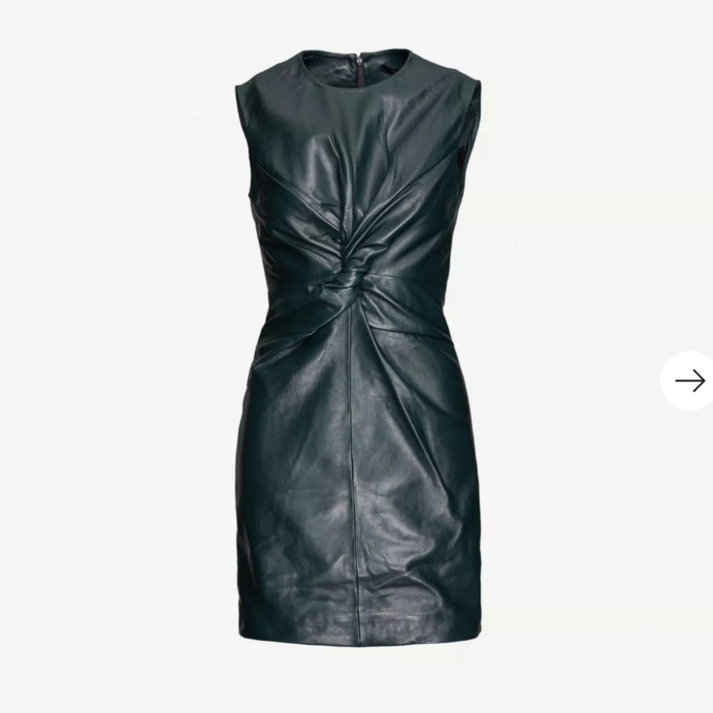 Maje Twist-front Lamb Leather Mini Dress Dark Green Sleeveless - Picture 2 of 9